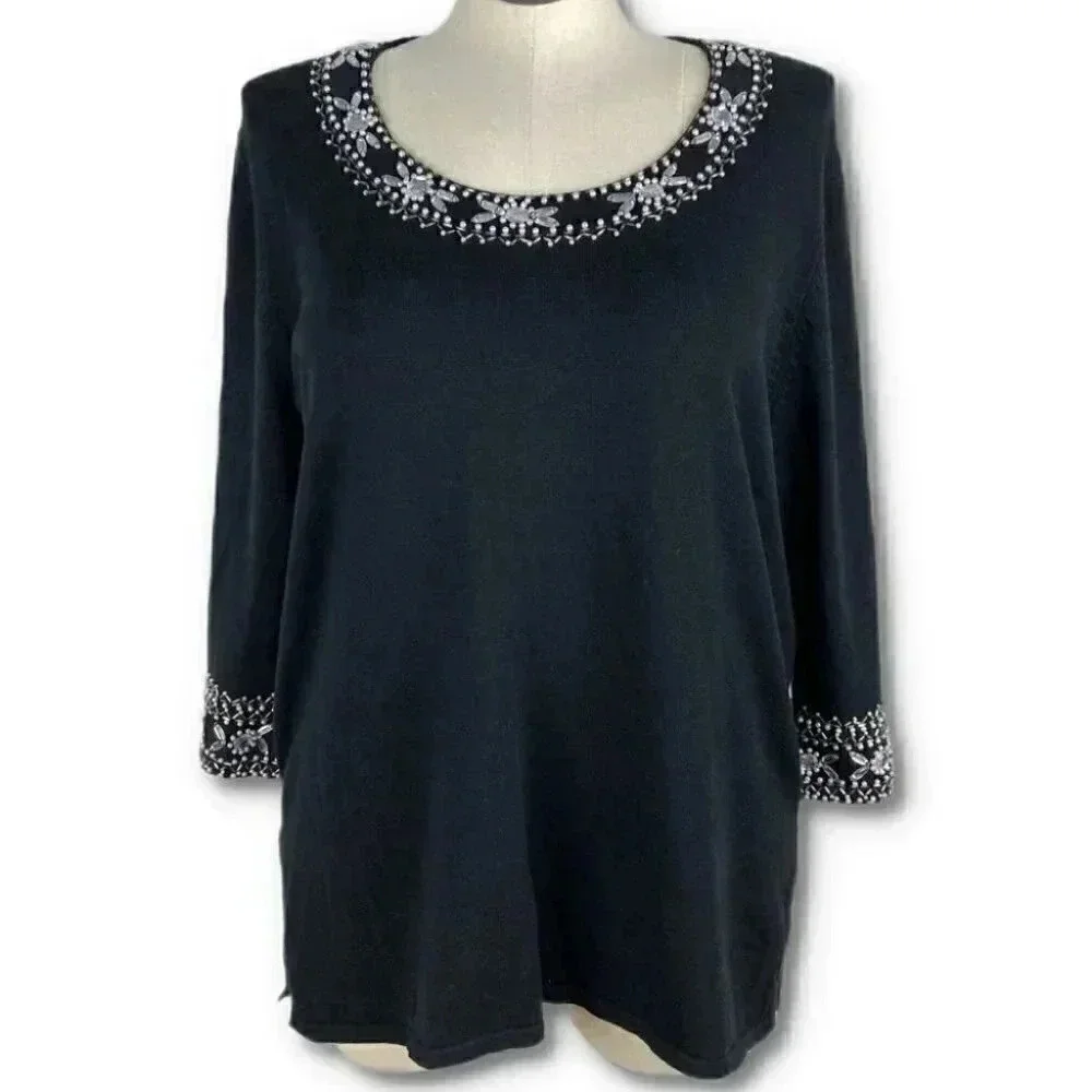 New Bob Mackie womens wearable art knit sweater size XL black beaded
